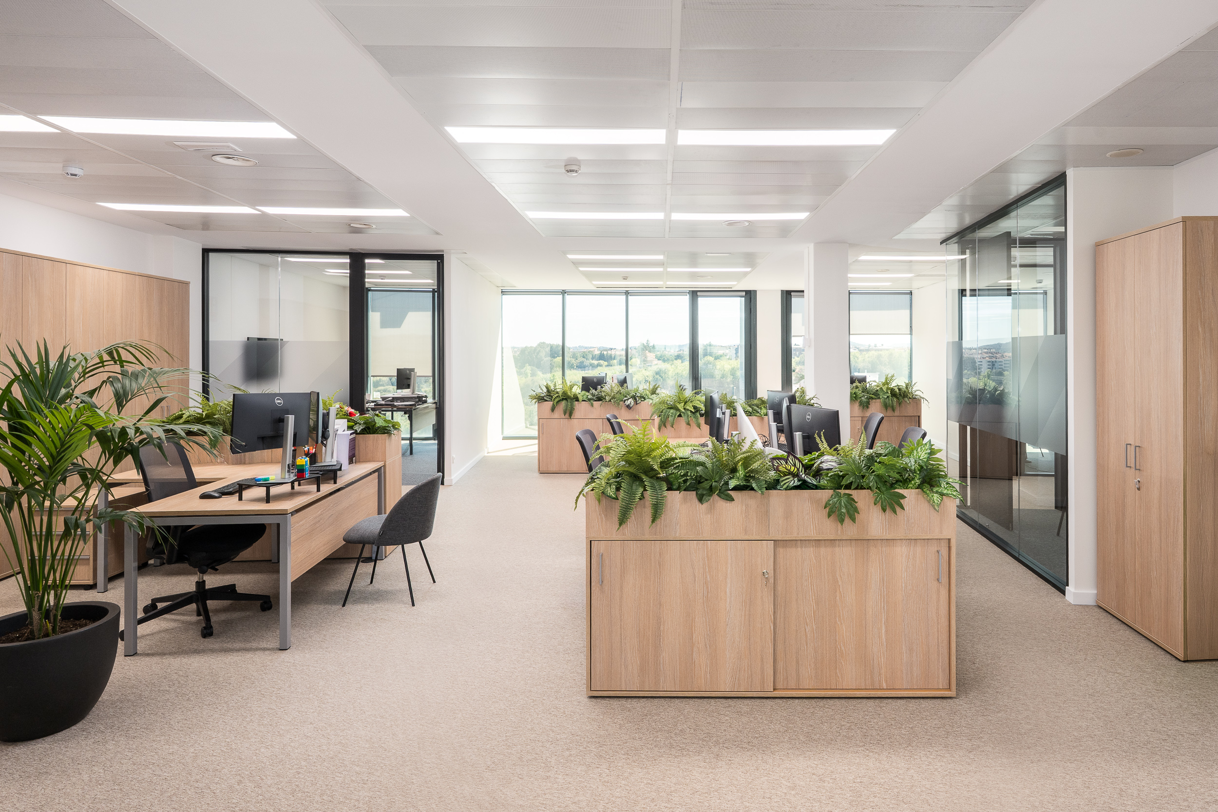 Planta 3 Palex terminada — open space con zonas bench y despachos de management